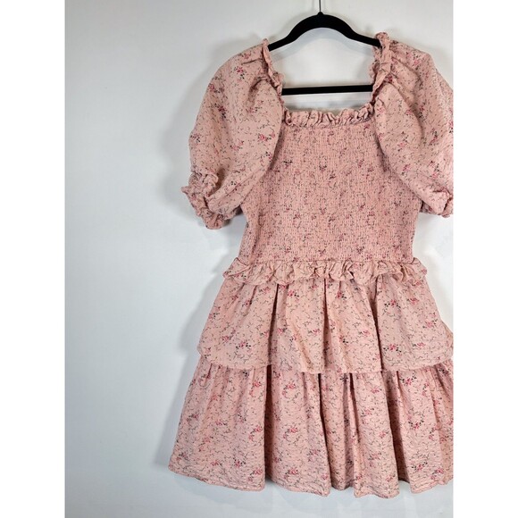 Hyacinth House Womens Dress Beige Mini Floral Smocked Ruffle Puffed A Line Large - Picture 8 of 12